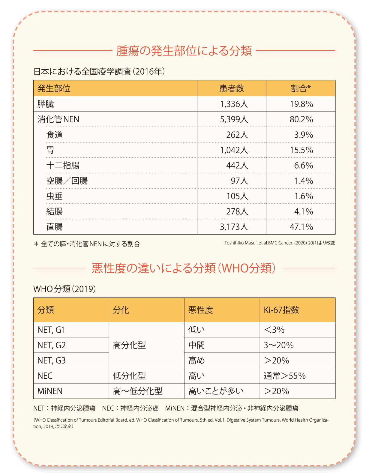 腫瘍の発生部位による分類、悪性度の違いによる分類